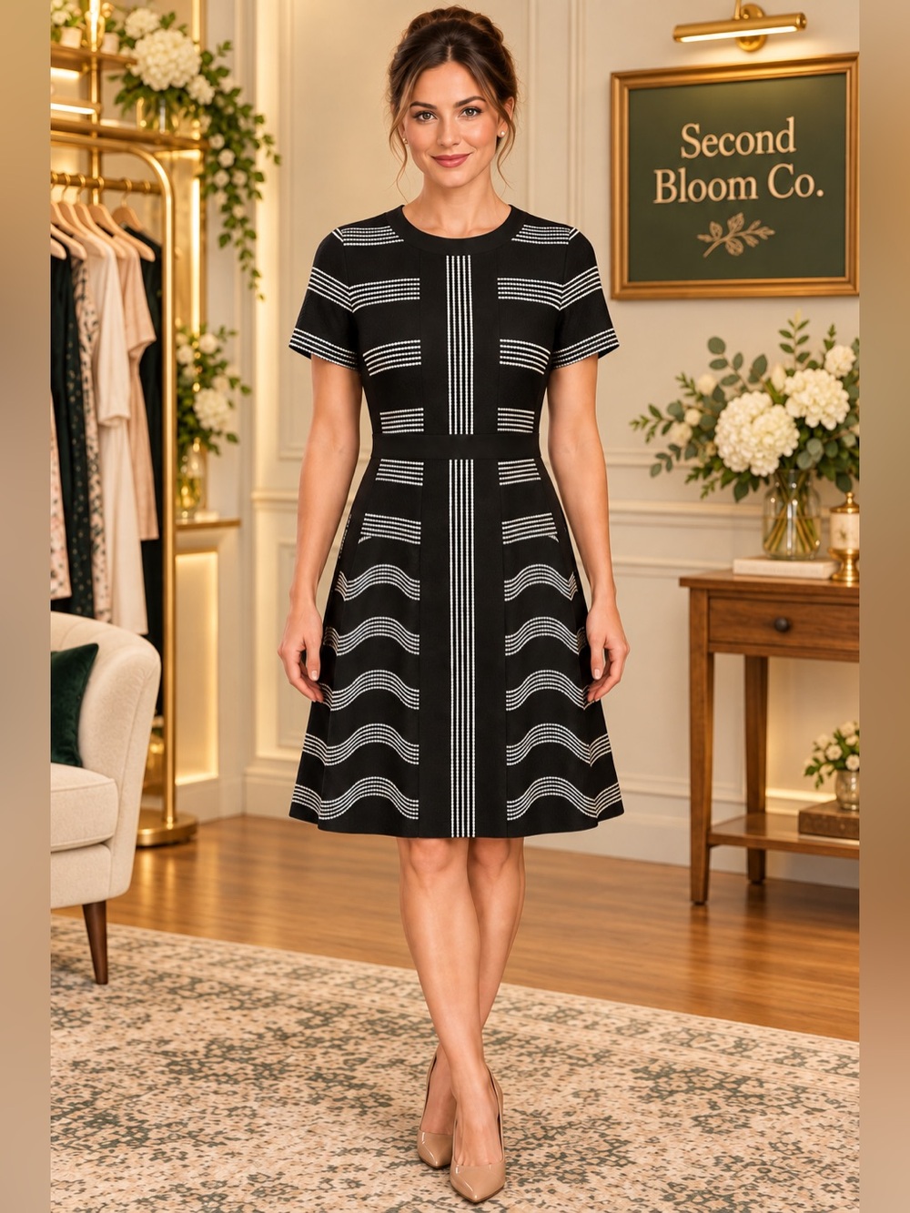 Maggy London Petite Black & White Stripe Dress 2P